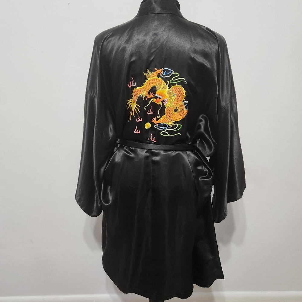 Vintage Black Satin Embroidered Dragon Robe Kimono Silky Gothic Midevil Cozy L